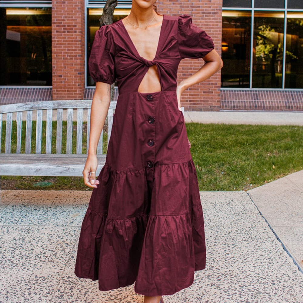 Lulu’s Simple Times Burgundy Twist Front Puff Sleeve Tiered Maxi Dress
